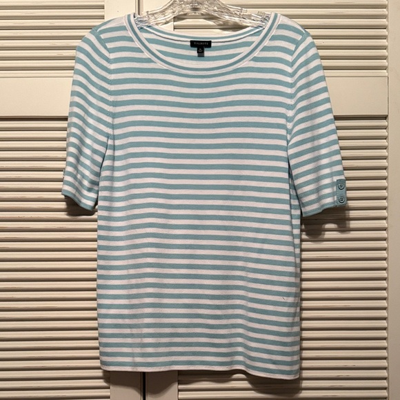 TALBOTS Aqua and White Striped Short Sleeve Sweater Tee - Picture 1 of 5